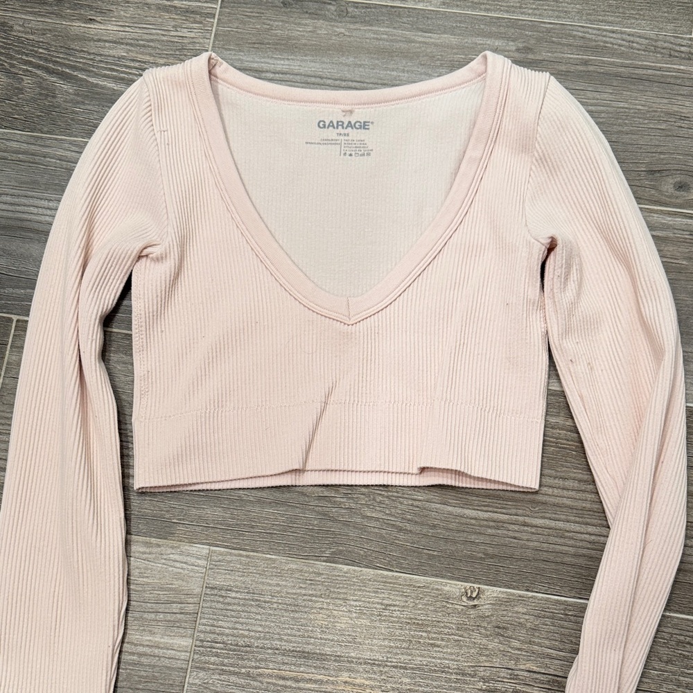 Garage Light Pink Ribbed Long Sleeve Crop Top